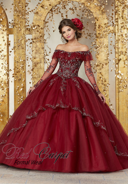 long sleeve red quince dress Strapless Bell Sleeve Quinceanera Dress by Rachel Allan RQ2178 26W / Red