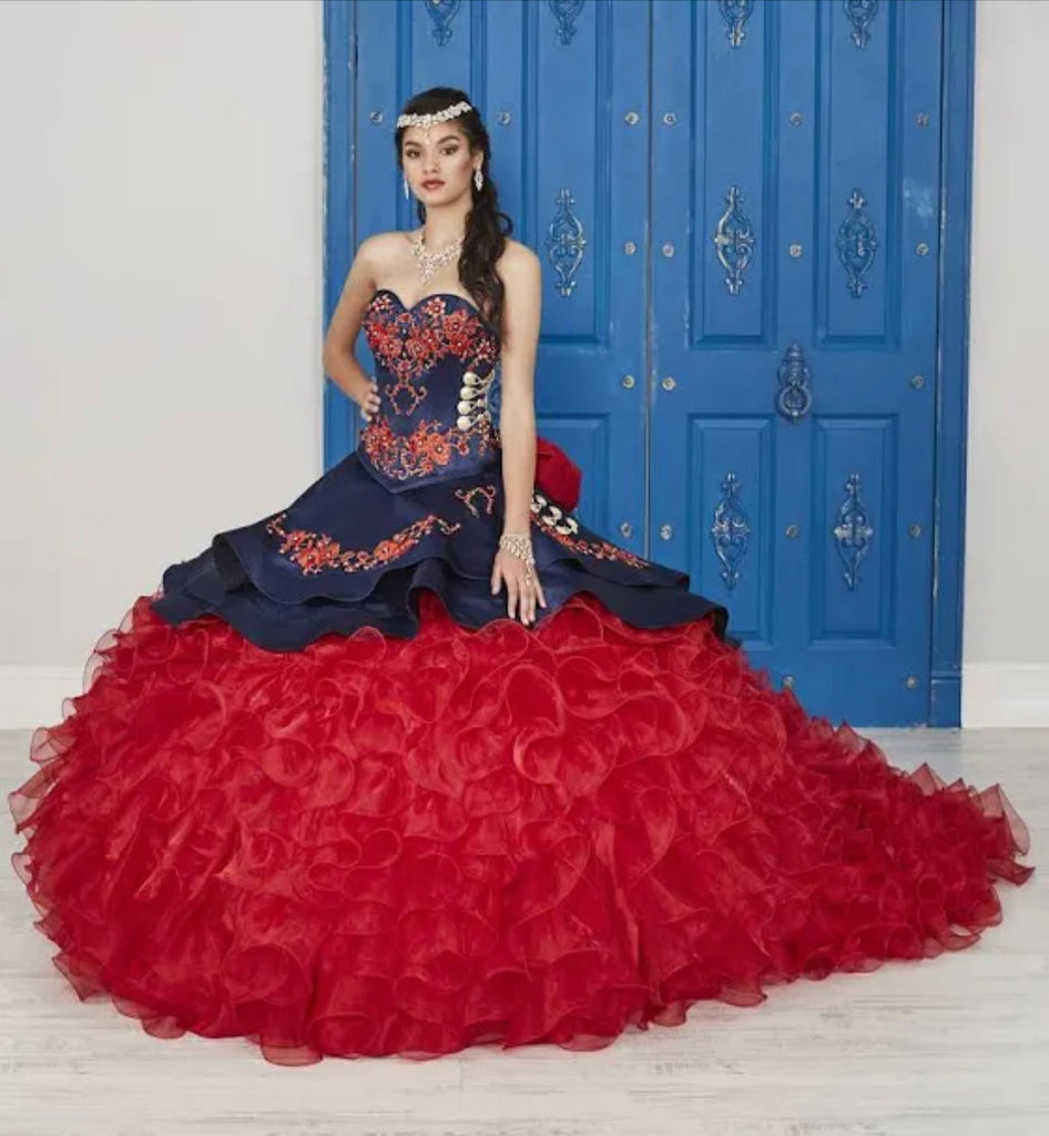 Charro Quinceañera Dress - Vestido de Quinceañera Navy Blue with Red