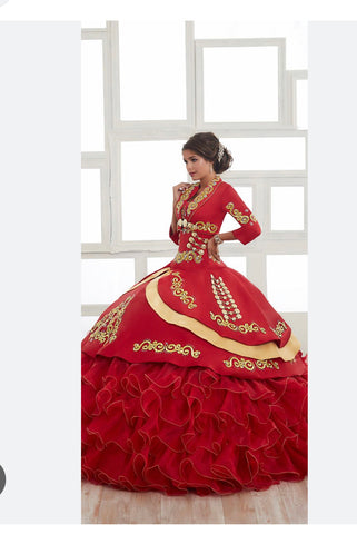 LA Glitter Charra Quinceañera Dress - Vestido de Quinceañera Charro Red with Gold